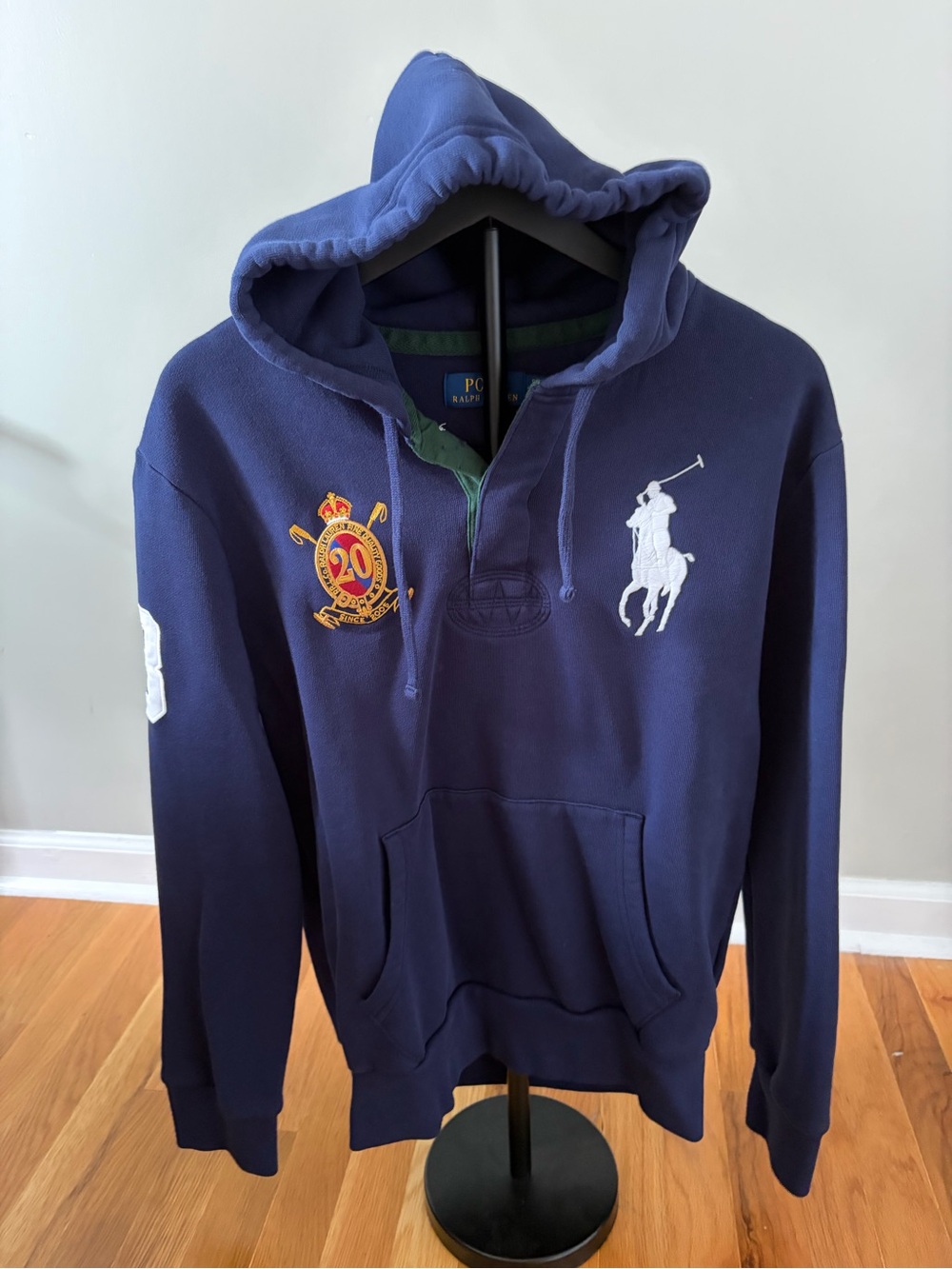 Ralph Lauren Navy Hooded Sweatshirt with White Polo Player Patch